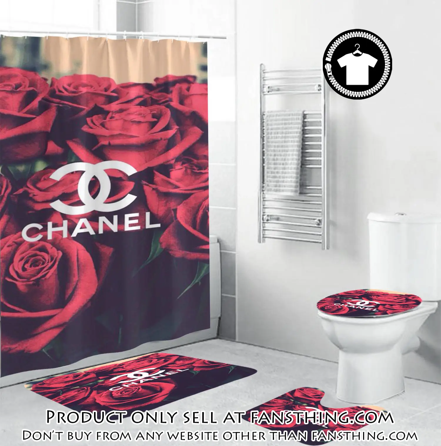 Coco chanel logo in red roses background bathroom set shower curtain fst4753416